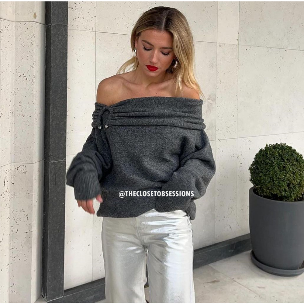 ZARA Bardot Off Shoulder Knit Sweater NWT Gray Foldover Neck Pearl Detail M - Picture 8 of 16